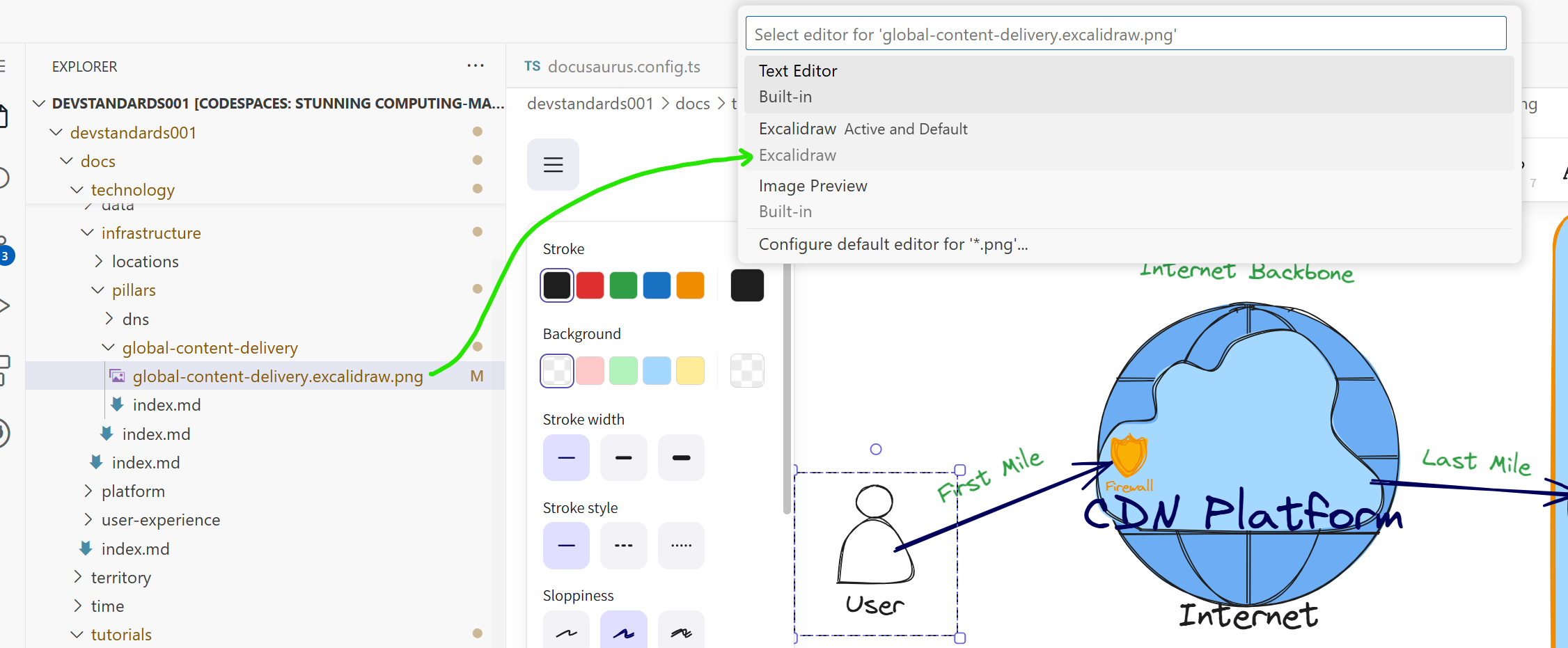 Right-click, Open with, Select Excalidraw editor